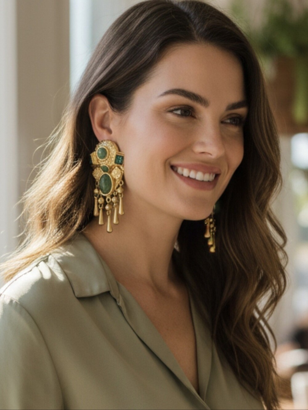 Matte Gold Plated Chunky Ornate Byzantine Glass Cabochon Crystal Dangle Earrings - Picture 4 of 6